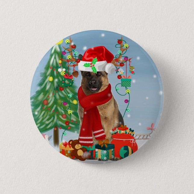 Badge Rond 5 Cm Chien berger allemand en neige avec cadeaux de Noë (Devant)