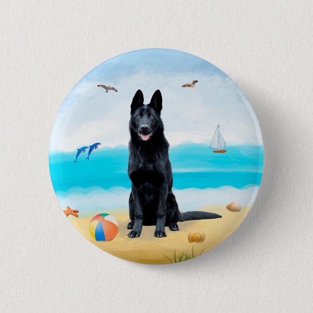 Badge Rond 5 Cm Chien berger allemand noir sur la plage (Devant)