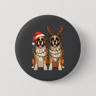 Badge Rond 5 Cm Chien Boxer Noël Chapeau de Père Noël Renne Lumièr