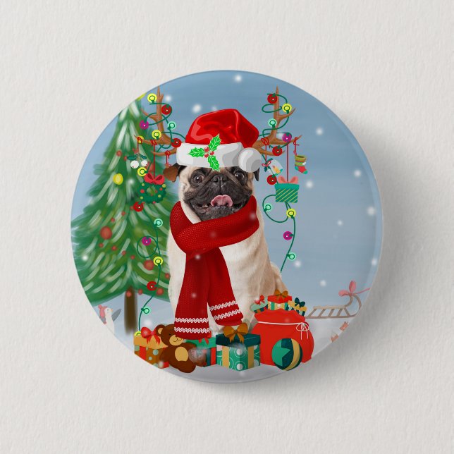 Badge Rond 5 Cm Chien carlin en neige avec cadeaux de Noël (Devant)