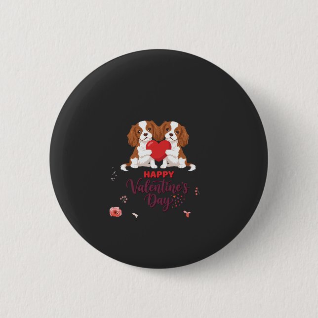 Badge Rond 5 Cm Chien Cavalier King Fleuris Joyeuse Saint-Valentin (Devant)
