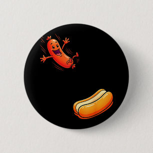 Badge Rond 5 Cm Chien chaud drôle sautant dans la saucisse de bun