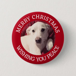 Badge Rond 5 Cm Chien chiot mignon Joyeux Noël Paix Rouge