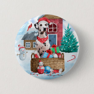 Badge Rond 5 Cm Chien dalmate dans la neige Maison de chien de Noë