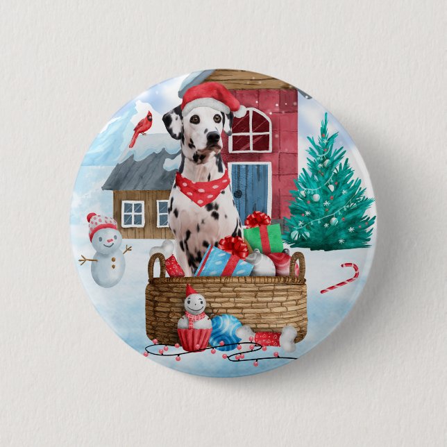 Badge Rond 5 Cm Chien dalmate dans la neige Maison de chien de Noë (Devant)