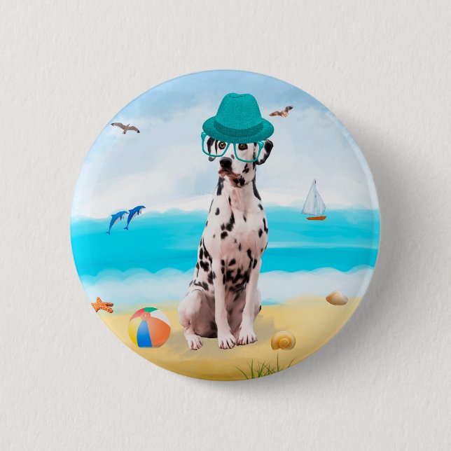 Badge Rond 5 Cm Chien Dalmation sur la plage (Devant)