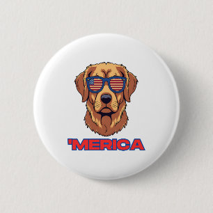 Badge Rond 5 Cm Chien d'Amérique avec lunettes de soleil drapeau a