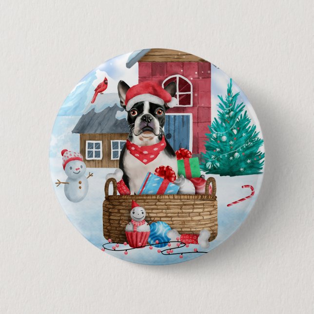 Badge Rond 5 Cm Chien de Boston Terrier dans la neige Maison de Ch (Devant)