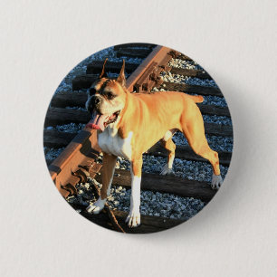 Badge Rond 5 Cm Chien de boxeur sur le bouton de voie ferrée