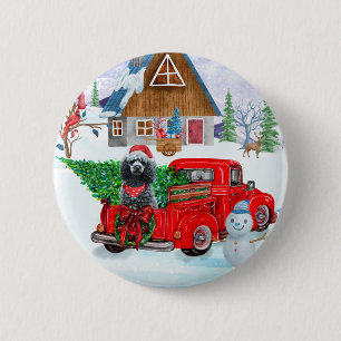 Badge Rond 5 Cm Chien de caniche en livraison de Noël Camion Neige
