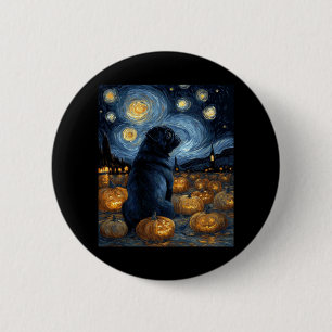 Badge Rond 5 Cm Chien de Carlin noir van gogh nuit étoilée hallowe