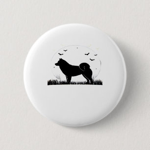 Badge Rond 5 Cm Chien de Hokkaido � Silhouette de Lune d'Halloween