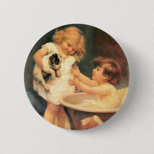Badge Rond 5 Cm Chien de manchon prenant un bain, vintage, antique