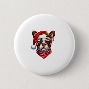 Badge Rond 5 Cm Chien de Noël Français Chien de taureaux Santa Hat