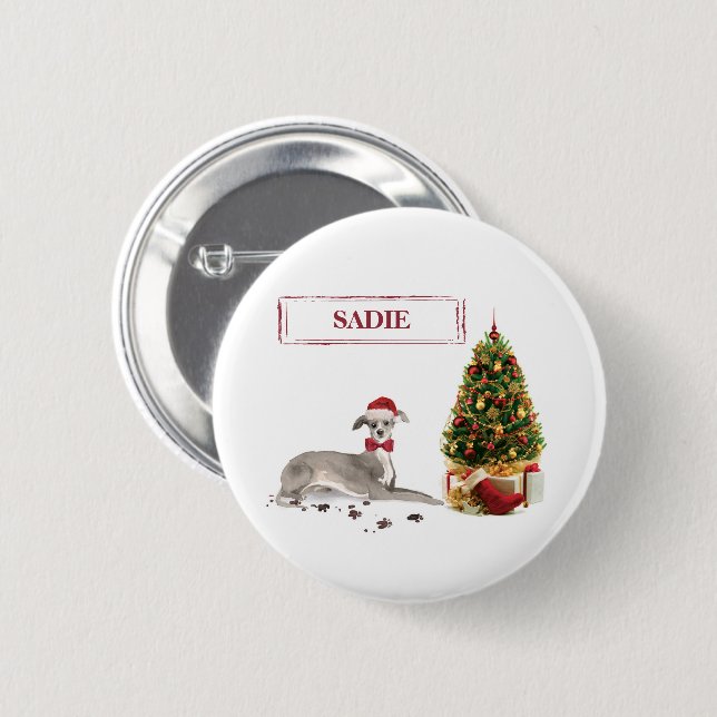 Badge Rond 5 Cm Chien de Noël italien Greyhound avec arbre (Devant & derrière)