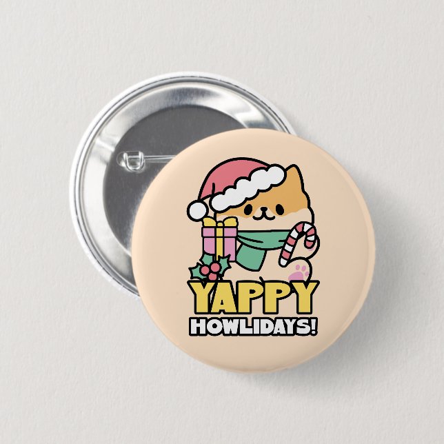 Badge Rond 5 Cm Chien de Noël mignon - Yappy Howlidays (Devant & derrière)