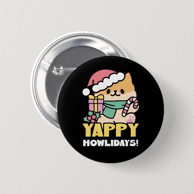 Badge Rond 5 Cm Chien de Noël mignon - Yappy Howlidays (Devant & derrière)