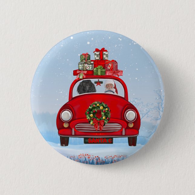 Badge Rond 5 Cm Chien De Poiche En Voiture Avec Le Père Noël (Devant)