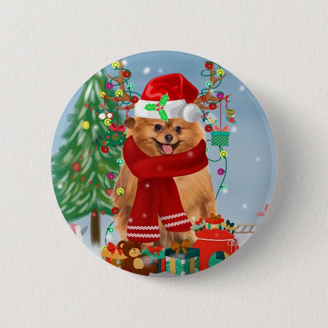 Badge Rond 5 Cm Chien de Poméranie avec cadeaux de Noël (Devant)
