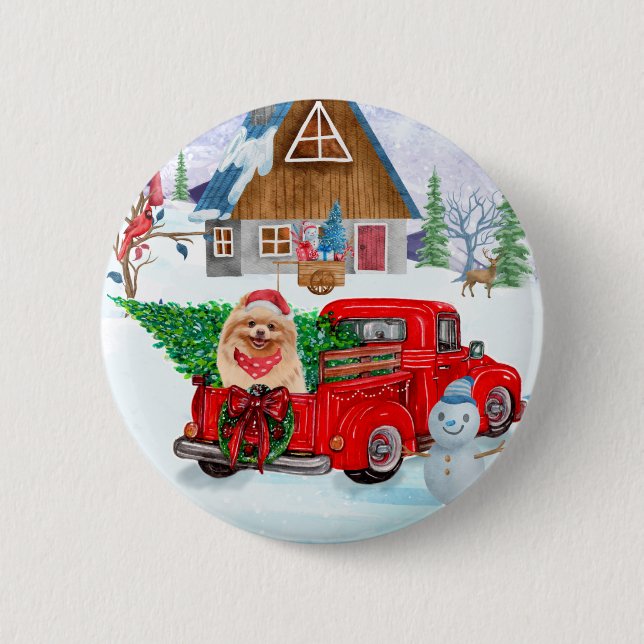 Badge Rond 5 Cm Chien de Poméranie en livraison de Noël Camion Nei (Devant)