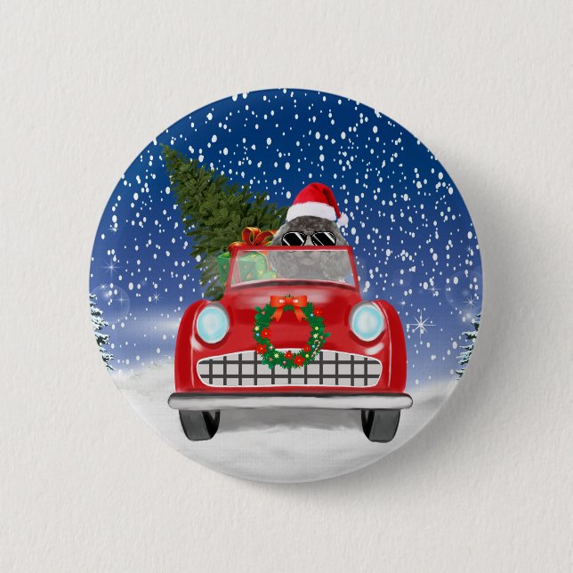 Badge Rond 5 Cm Chien De Poodle Voiture De Conduite En Neige Noël (Devant)