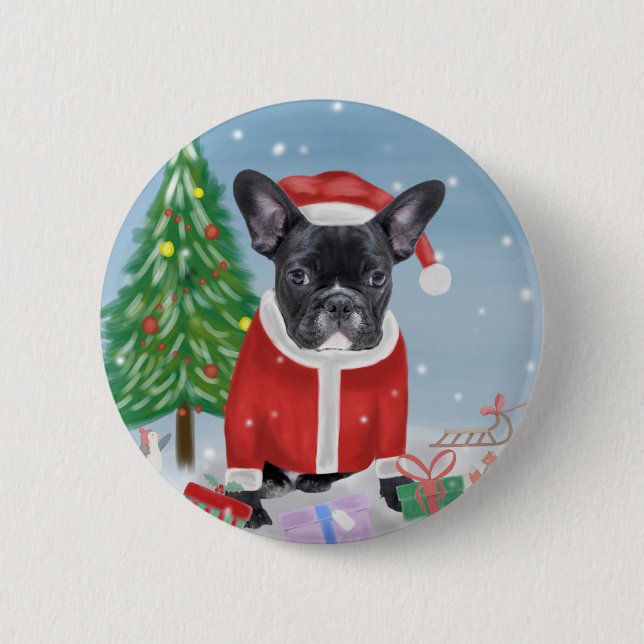 Badge Rond 5 Cm Chien de taureau français en neige avec cadeaux de (Devant)