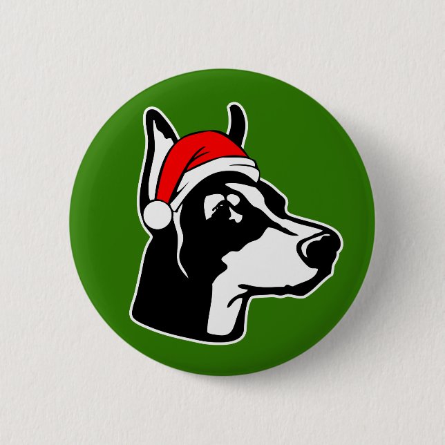 Badge Rond 5 Cm Chien Doberman avec chapeau de Noël (Devant)