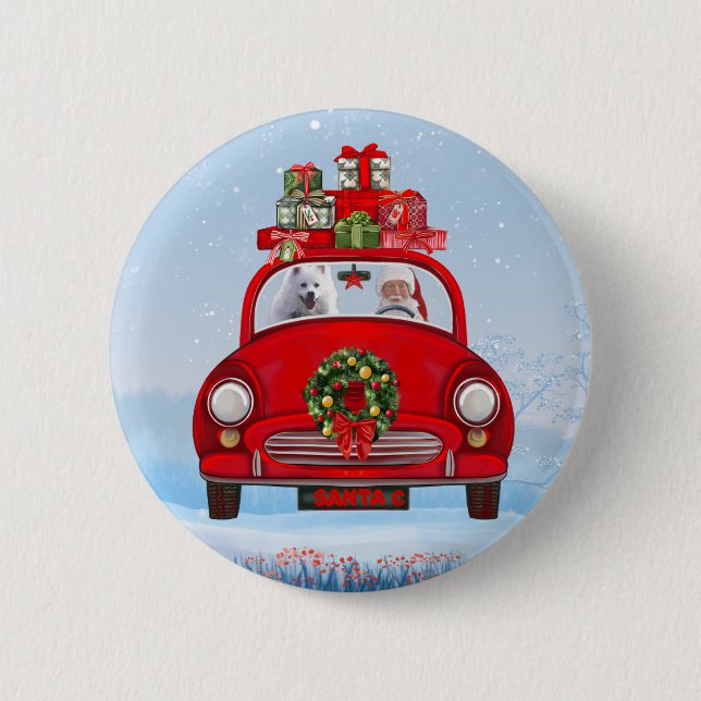 Badge Rond 5 Cm Chien Eskimo Américain En Voiture Avec Santa Claus (Devant)