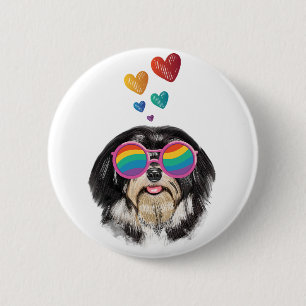 Badge Rond 5 Cm Chien Havanais avec coeur Saint Valentin