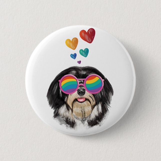 Badge Rond 5 Cm Chien Havanais avec coeur Saint Valentin (Devant)