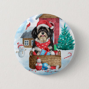 Badge Rond 5 Cm Chien Havanais dans la neige Maison de Chien de No