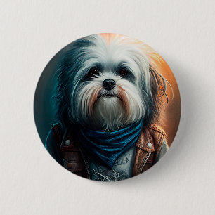 Badge Rond 5 Cm Chien Havanais en vélo peinture numérique