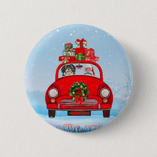 Badge Rond 5 Cm Chien Havanais en voiture avec le Père Noël