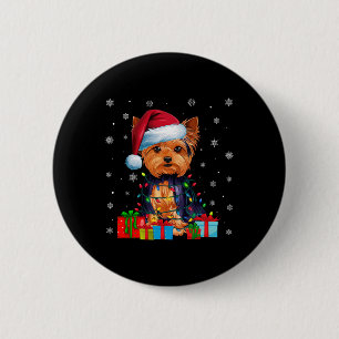 Badge Rond 5 Cm Chien Luminaires de Noël laid Santa Hat Yorkshire 