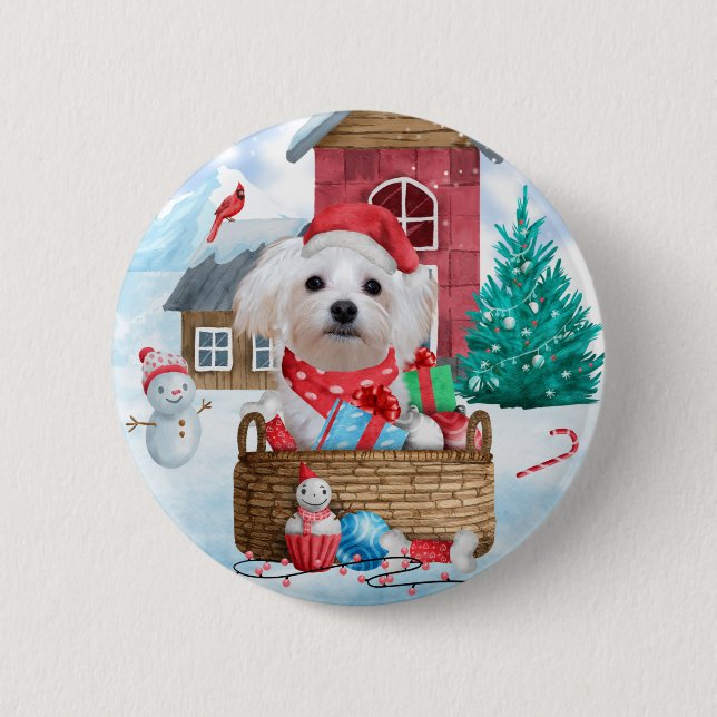 Badge Rond 5 Cm Chien maltais dans la neige Maison de Chien de Noë (Devant)