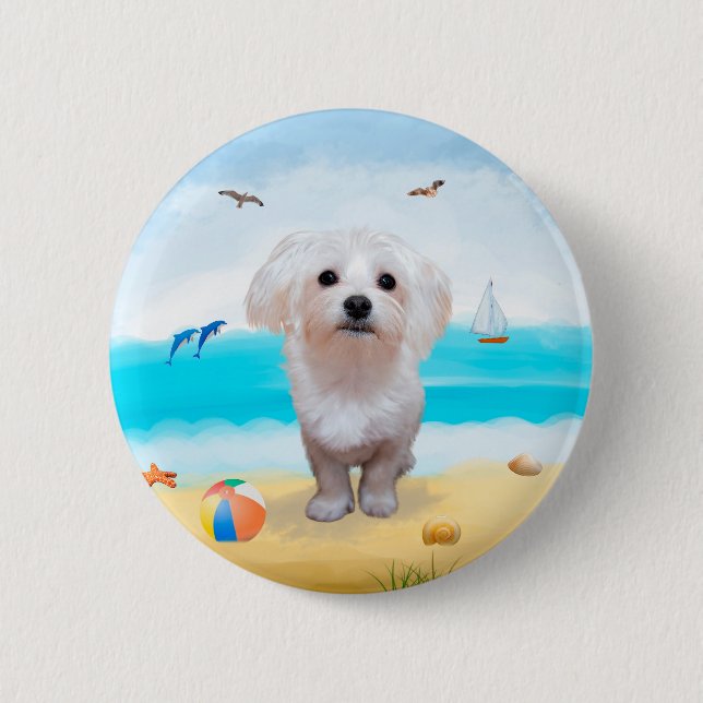 Badge Rond 5 Cm Chien maltais sur la plage (Devant)