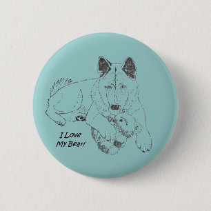 Badge Rond 5 Cm Chien mignon d'akita et ours de nounours dessinant