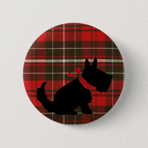 Badge Rond 5 Cm Chien mignon de Scotty et tartan rouge