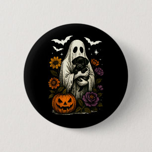 Badge Rond 5 Cm Chien noir fantôme floral Coquette Halloween drôle