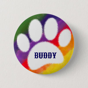 Badge Rond 5 Cm Chien Pawprint Rainbow Watercolor Nom personnalisé