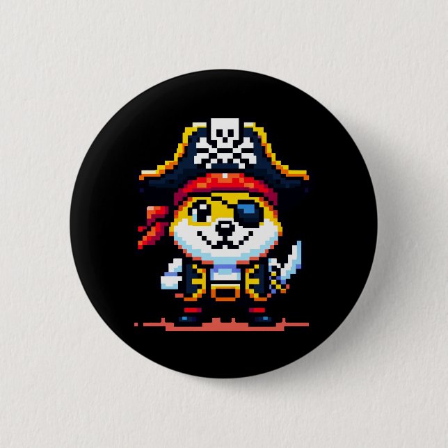 Badge Rond 5 Cm Chien pirate - Drôle Pixel Art Aventure Design (Devant)