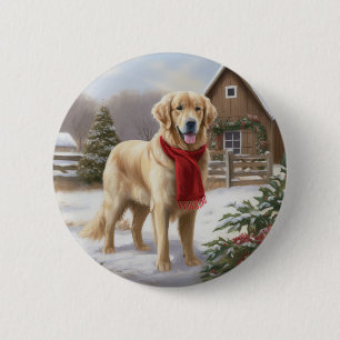 Badge Rond 5 Cm Chien Retriever doré dans la neige de Noël