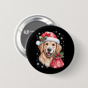 Badge Rond 5 Cm Chien Retriever Doré Fête de Noël Lumière Party