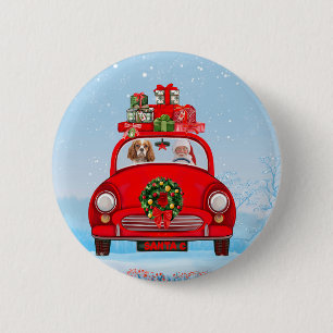 Badge Rond 5 Cm Chien Roi Cavalier En Voiture Avec Le Père Noël