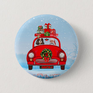 Badge Rond 5 Cm Chien Roi Cavalier En Voiture Avec Le Père Noël