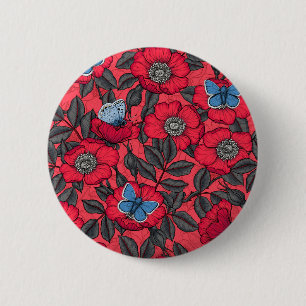 Badge Rond 5 Cm Chien rose et papillons en rouge et bleu
