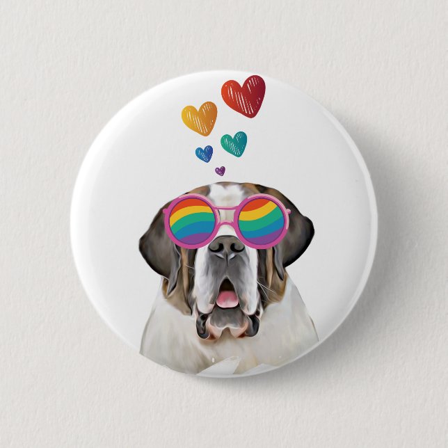 Badge Rond 5 Cm Chien Saint-Bernard avec coeurs Saint-Valentin (Devant)