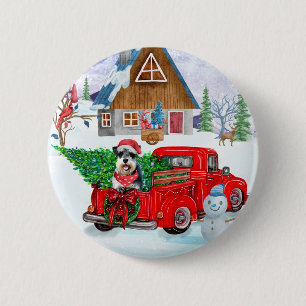 Badge Rond 5 Cm Chien Schnauzer en livraison de Noël Camion Neige