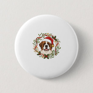 Badge Rond 5 Cm Chien St Bernard Couronne Chapeau de Père Noël de