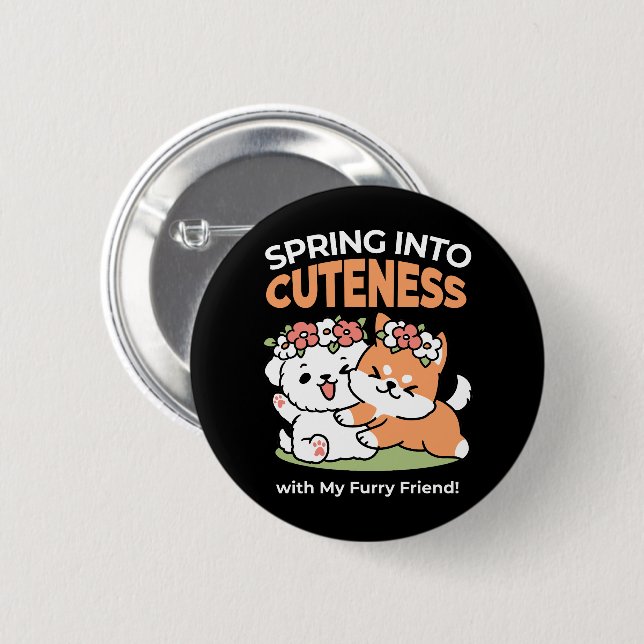 Badge Rond 5 Cm Chiens de jeu avec Flower Crowns - Fun Spring Them (Devant & derrière)